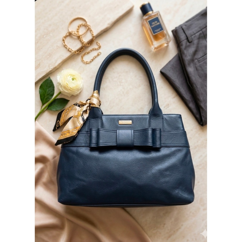 Kate Spade New York Navy Blue Leather Bow Shoulder Bag Tote with Scarf